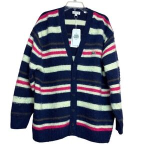 NEW Lacoste Mens Relaxed Fit Striped Fuzzy Alpaca Cardigan Sweater Navy XXL 2XL
